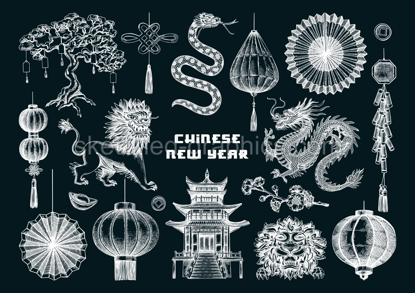 Chinese New Year decoration in sketch style. China sketches on chalkboard. NOT AT generated Illustration